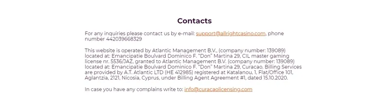 All Right Casino Support Contacts
