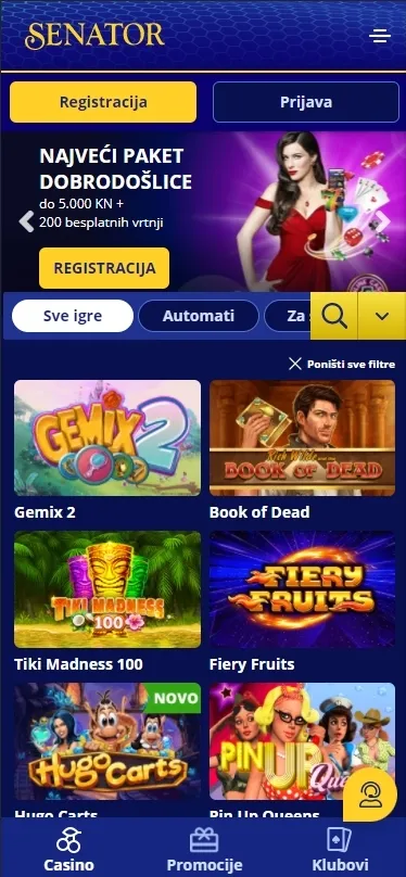 Mobilna verzija web stranice kazina Senator