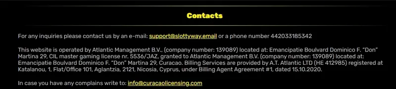Slottyway Casino данни за контакт за поддръжка на клиенти